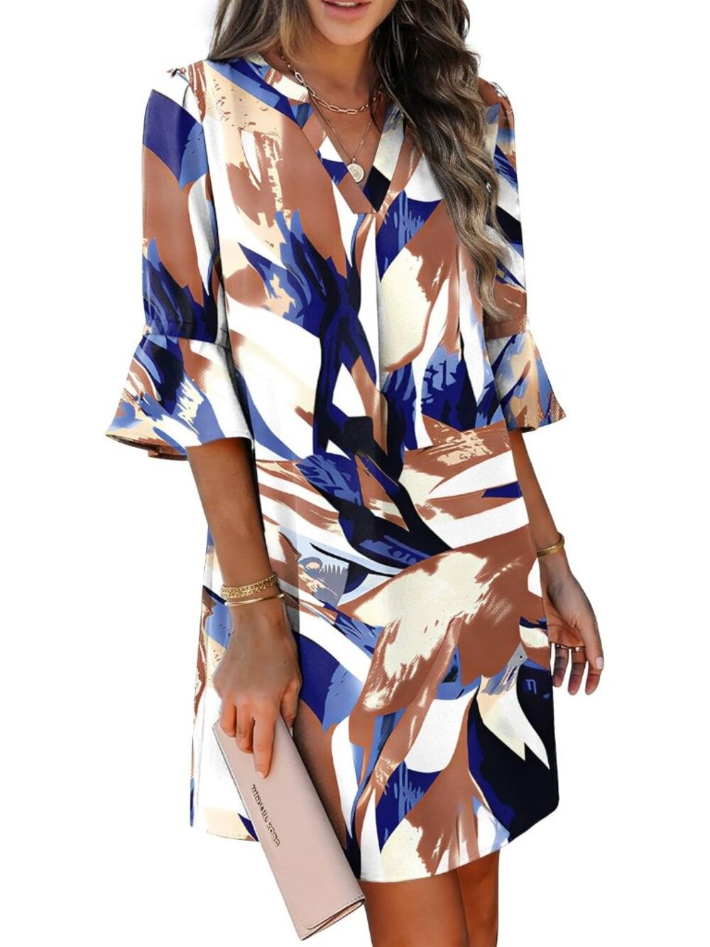 〽️Women's Ink Floral Geometric Shift Dress V Neck Ruffle Sleeve Summer Pockets